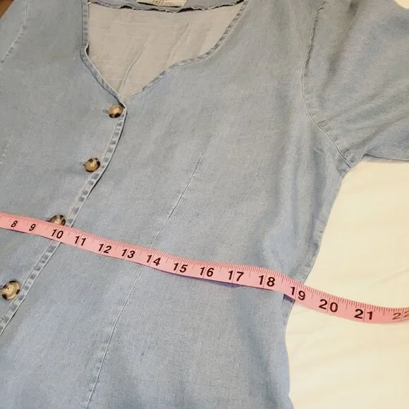 1511 Inc Top Woman XLarge Blue Chambray Fitted Tie Sleeve V-Neck Casual Boho Y2K - Picture 12 of 14